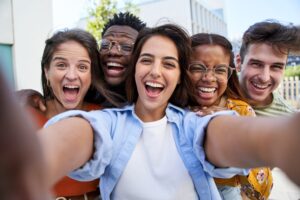 Selfie,Young,Excited,Friends,Looking,At,Camera,Happy ,Smiling,Group